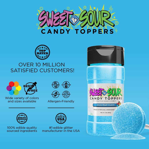 Blue "Sweet & Sour Candy Toppers" bottle with "Sour Fruit Punch" label, next to a matching blue candy ball.