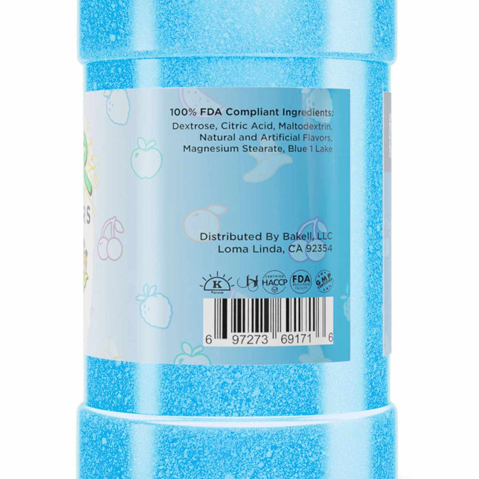 Close-up of a blue candy topper shaker bottle showing ingredients, distribution, and certification labels.