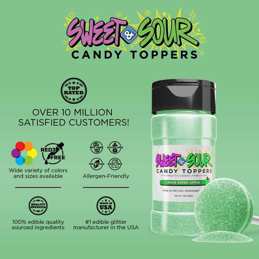 Green shaker bottle of Sweet & Sour Candy Toppers in Sour Green Apple flavor, with a matching green candy disk.