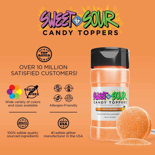 Orange Sweet & Sour Candy Toppers bottle with a black lid and a sour orange candy disc.