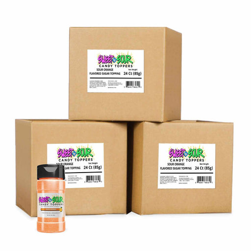 Sour Orange Candy Toppers in Bulk | 85g Container Surrounded by 3 Brown Shipping Boxes