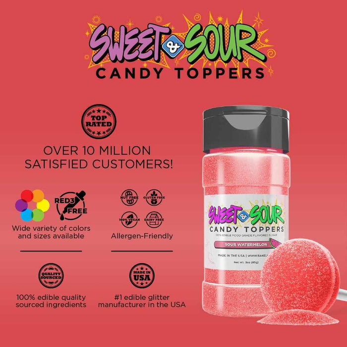 Pink jar of Sweet & Sour Candy Toppers in Sour Watermelon flavor, next to a matching red candy.