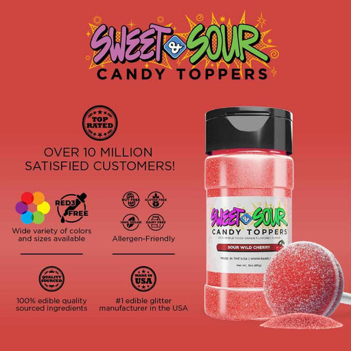 Red "Sweet & Sour Candy Toppers" shaker bottle and a matching red lollipop covered in sour wild cherry powder.