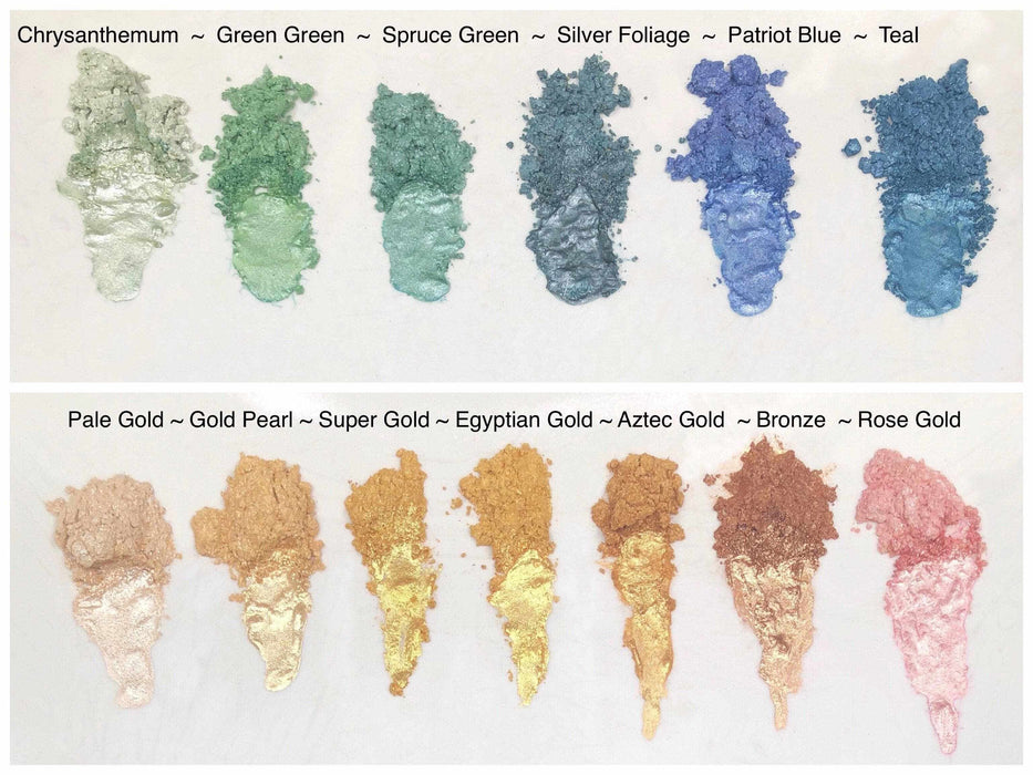 Swatches of various luster dust colors including green, blue, gold, bronze, and rose gold.