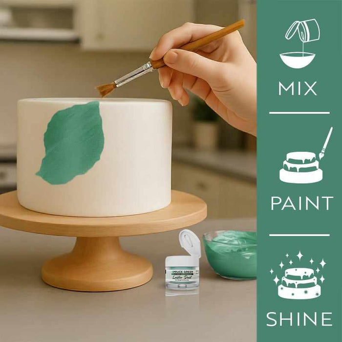 Hand painting a white cake with spruce green luster dust, showing mix, paint, and shine steps.