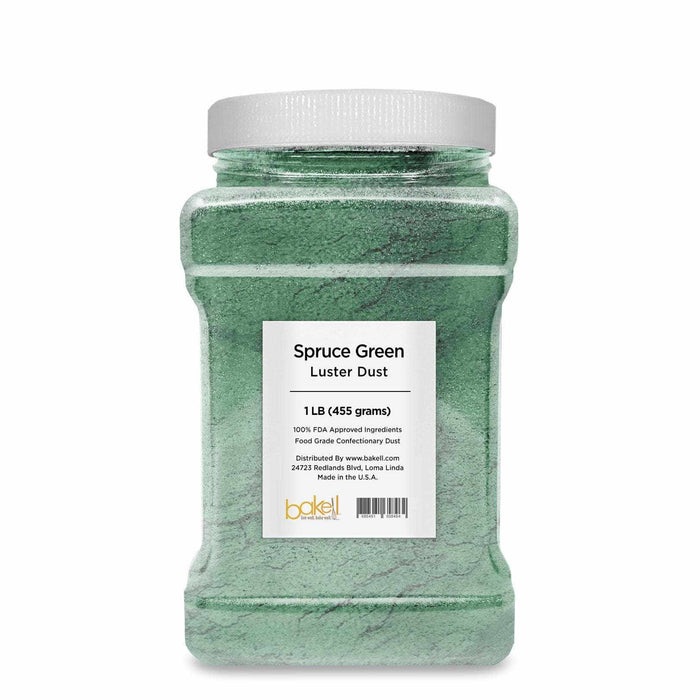 1 LB container of Spruce Green Luster Dust, a shiny, pearlized food-grade confectionery powder.