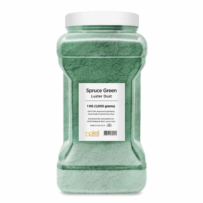 1KG clear plastic jar of Spruce Green Luster Dust with a white lid and product label.