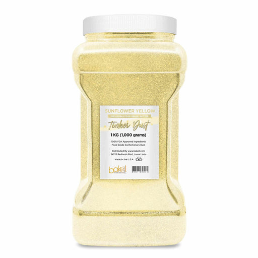 Large 1kg bulk container of Sunflower Yellow Tinker Dust edible glitter with white lid.