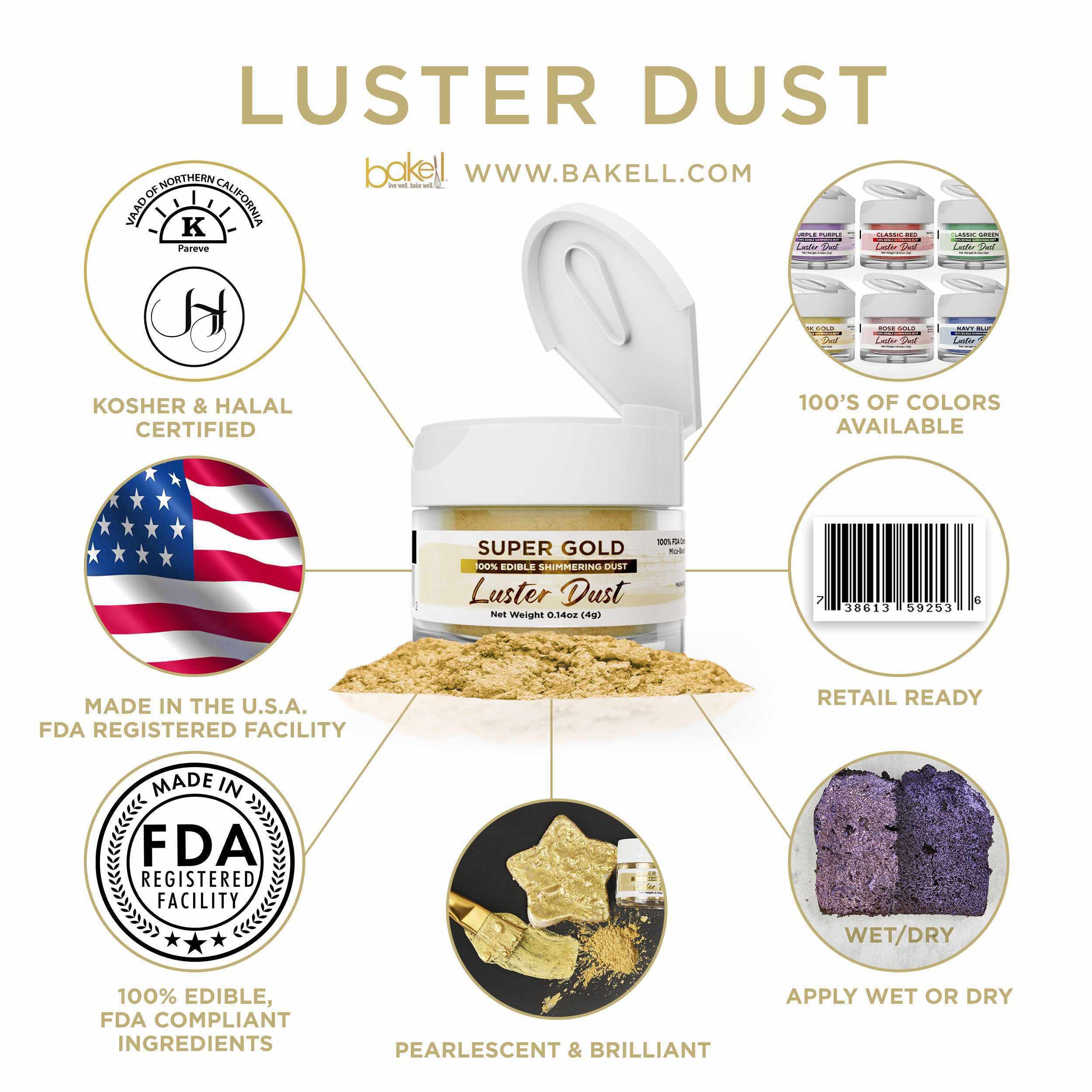 Super Gold Luster Dust | Voted #1 FDA Approved Glitter | Bakell.com