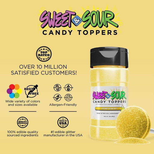 Sweet Banana candy toppers in a clear shaker bottle with a black lid, next to a matching yellow candy disc.