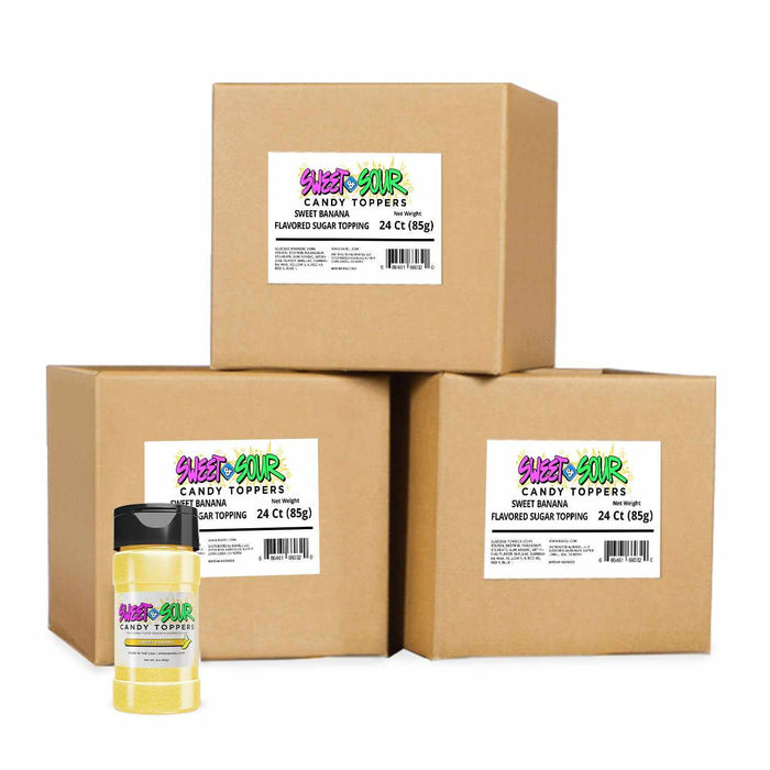 Bulk Sweet Banana Candy Toppers | 85g Container Amidst 3 Brown Shipping Boxes