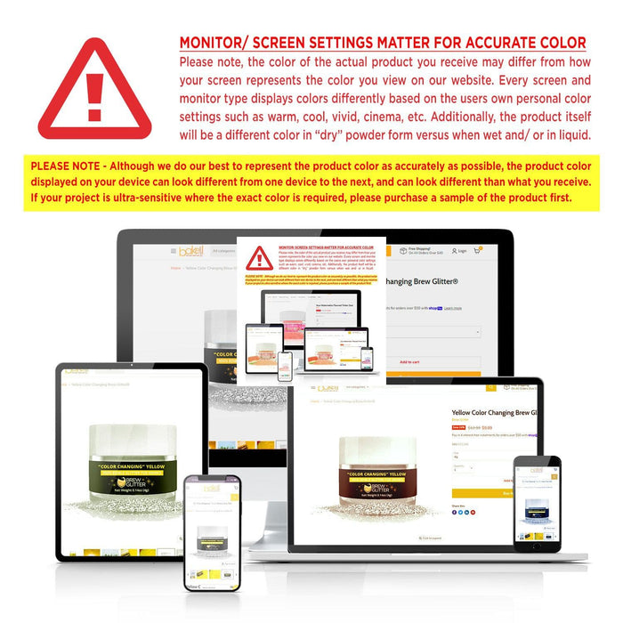 Digital devices displaying a yellow color-changing glitter product page with a warning about color accuracy.
