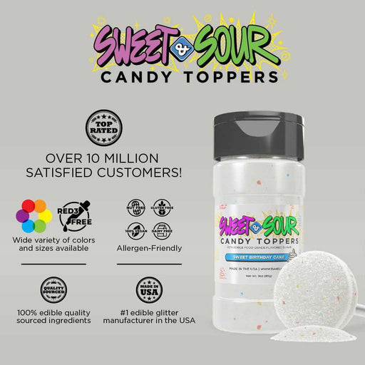 White Sweet Birthday Cake candy toppers shaker with sprinkles, allergen-friendly.