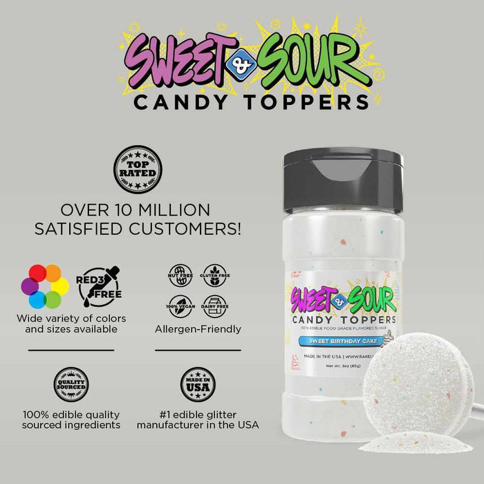 White Sweet Birthday Cake candy toppers shaker with sprinkles, allergen-friendly.