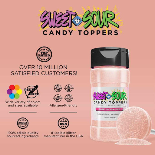 Pink Sweet Cotton Candy Toppers shaker bottle with a black lid, next to a large pink candy disc.