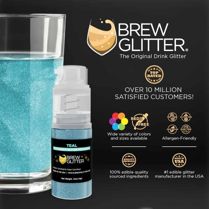 Teal Brew Glitter edible drink glitter in a mini spray pump next to a glass of sparkling blue beverage.