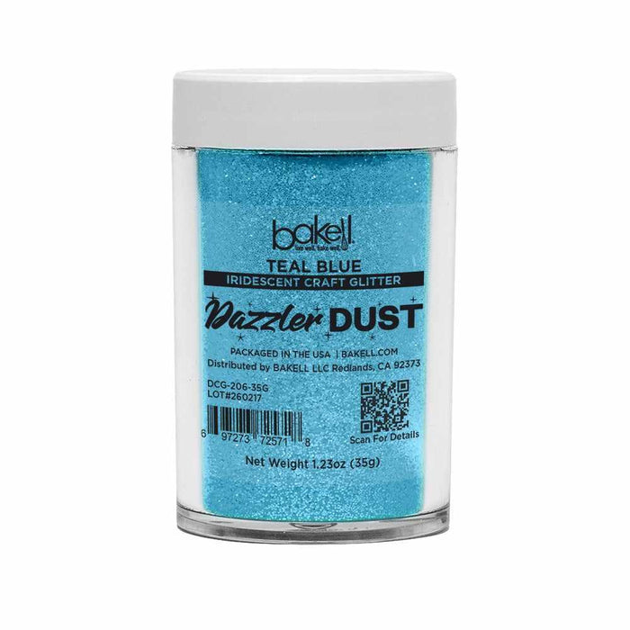 Teal blue ultrafine iridescent craft glitter in a 35g Bakell Dazzler Dust jar.