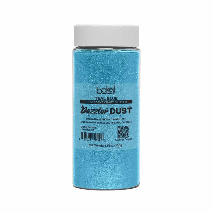 Teal blue ultrafine iridescent craft glitter in a clear 100g Bakell Dazzler Dust jar.
