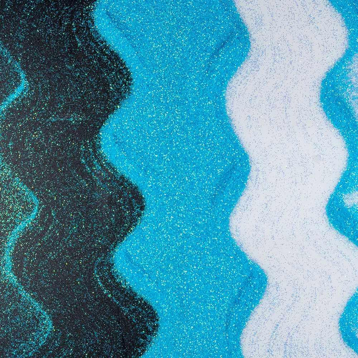 Teal blue, black, and white ultrafine iridescent craft glitter arranged in wavy stripes.