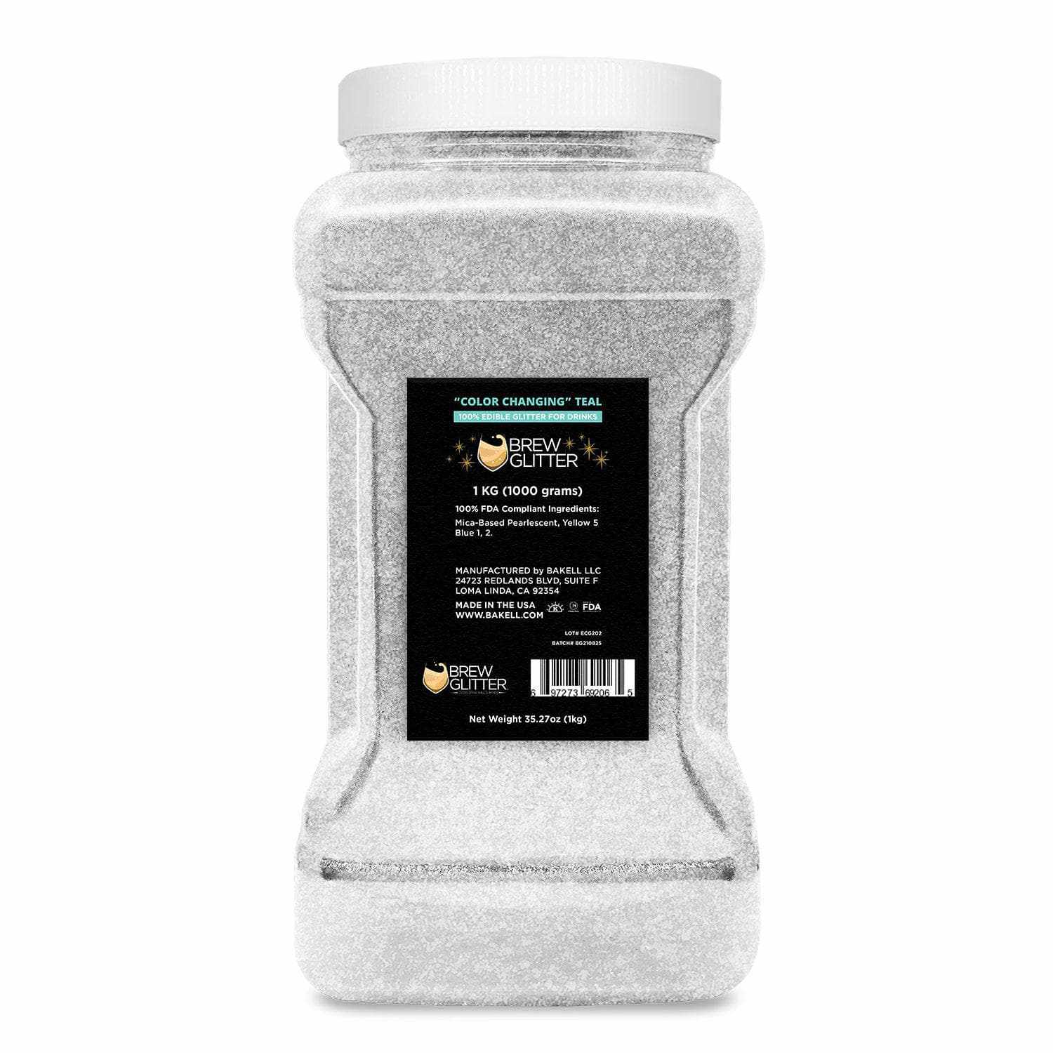 1kg bulk container of white color-changing Teal Brew Glitter for beverages.