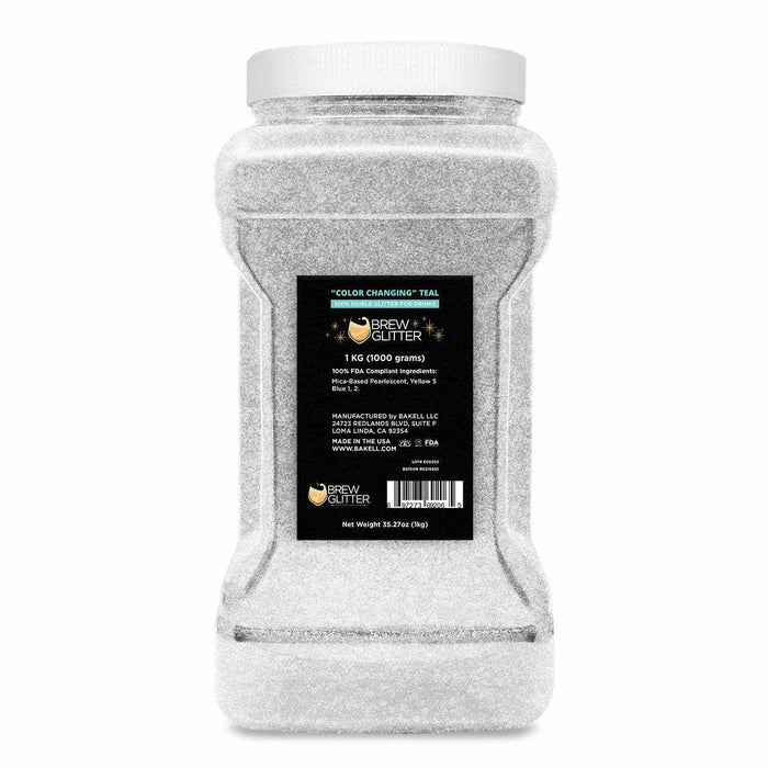 1kg bulk container of white color-changing Teal Brew Glitter for beverages.