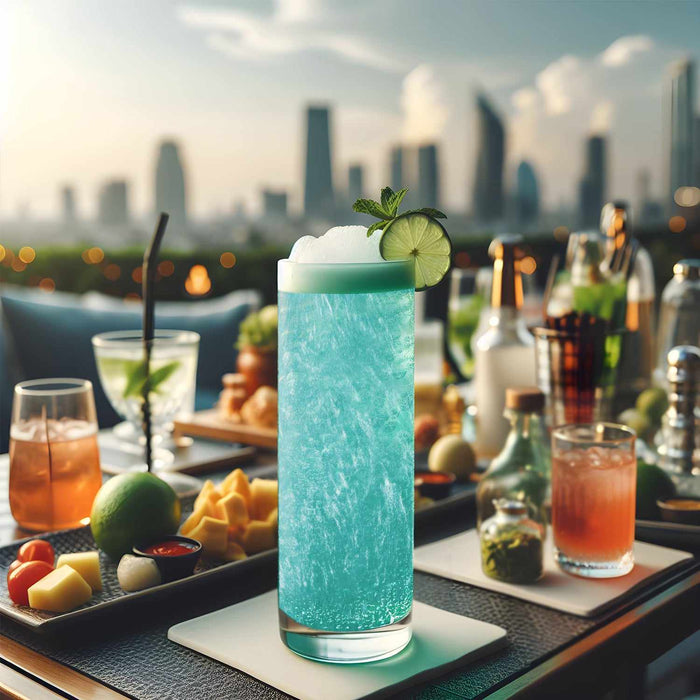 Tall glass of sparkling teal color-changing brew glitter cocktail with lime and mint, on a rooftop bar.