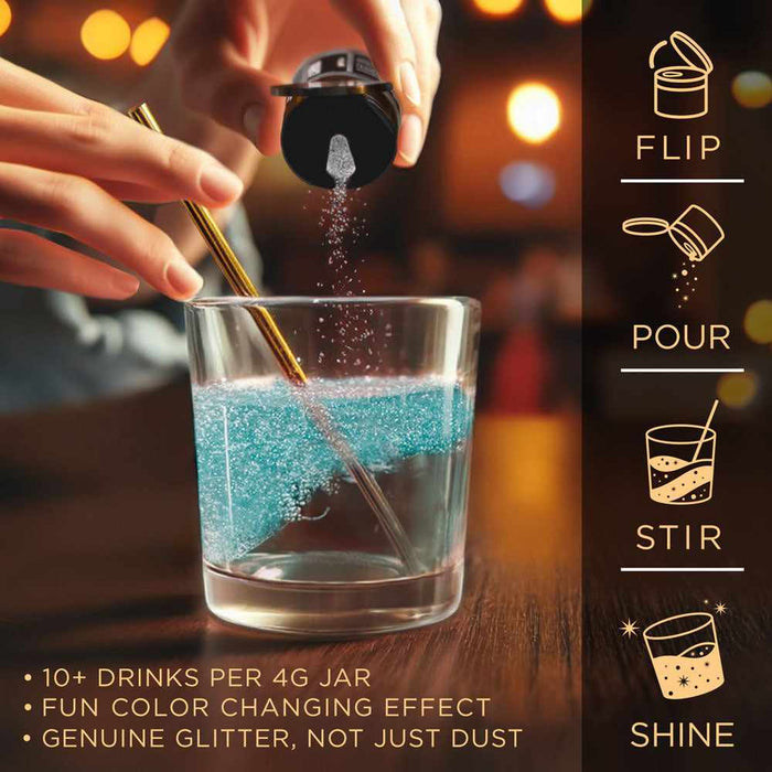 Hand pouring white Brew Glitter from a black cap into a glass of water, turning it teal.