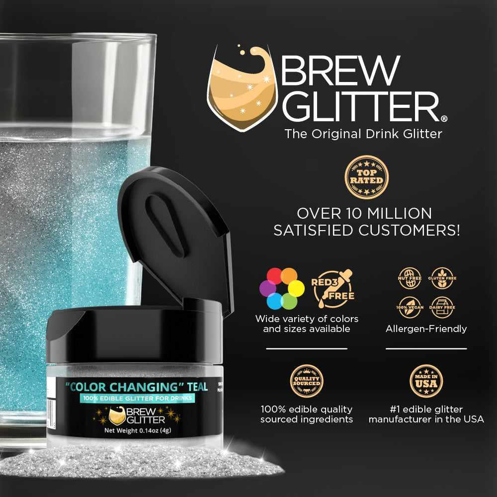 Teal Color Changing Brew Glitter in a small black jar next to a glass of water, with product features.