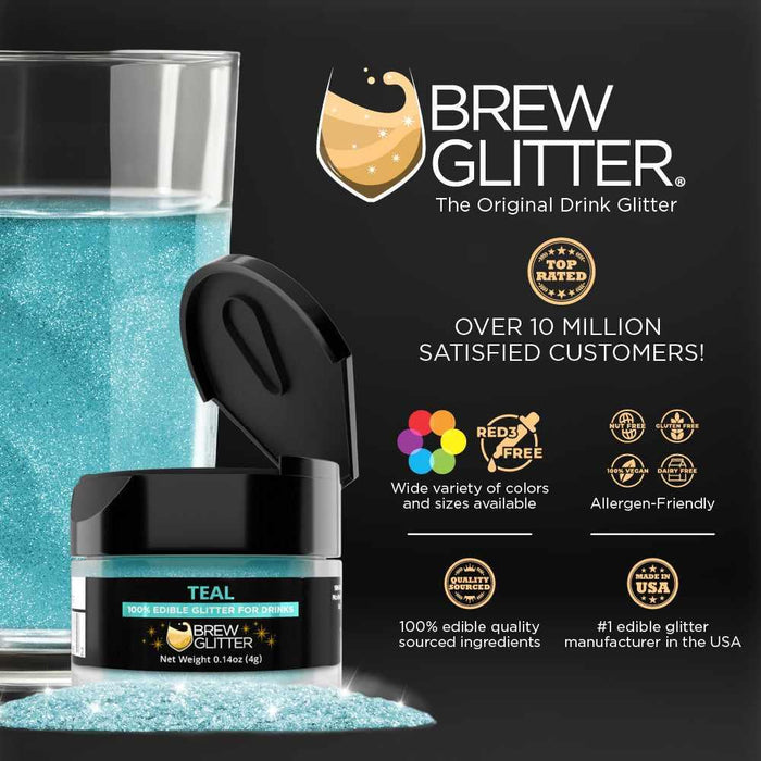Teal Brew Glitter in a small black jar next to a glass of teal sparkling drink.