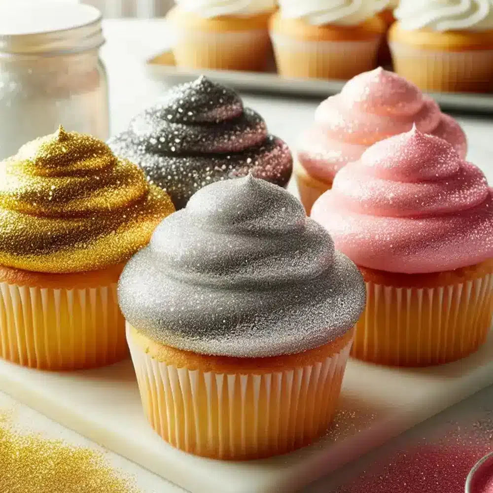 batch of glitter cupcakes with colorful icing