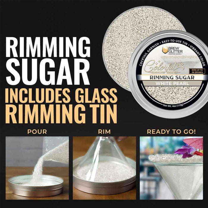 White Pearl cocktail rimming sugar in a 4oz tin with instructions for pouring and rimming glasses for a decorative finish.