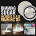 White Pearl cocktail rimming sugar in a 4oz tin with instructions for pouring and rimming glasses for a decorative finish.