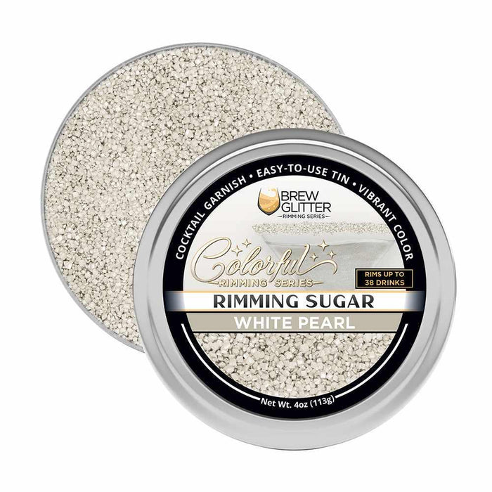 White pearl cocktail rimming sugar in a 4oz silver tin with a black and white label by Brew Glitter.