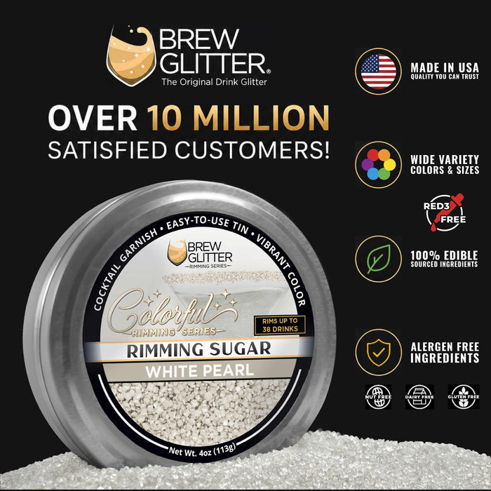 Round silver tin of White Pearl rimming sugar with a clear window, surrounded by sparkling white sugar crystals.