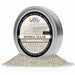 Round silver tin of White Pearl cocktail rimming sugar with a black label, surrounded by a pile of sparkling white sugar crystals.
