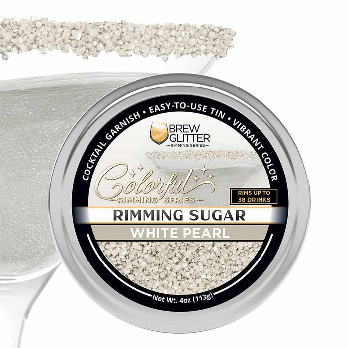 4oz tin of White Pearl cocktail rimming sugar with sparkling white crystals displayed on a martini glass rim.