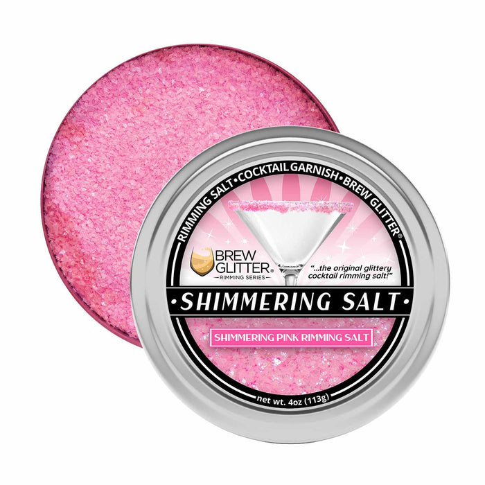 product image of an aluminum cocktail rimming tin with pink glitter salt