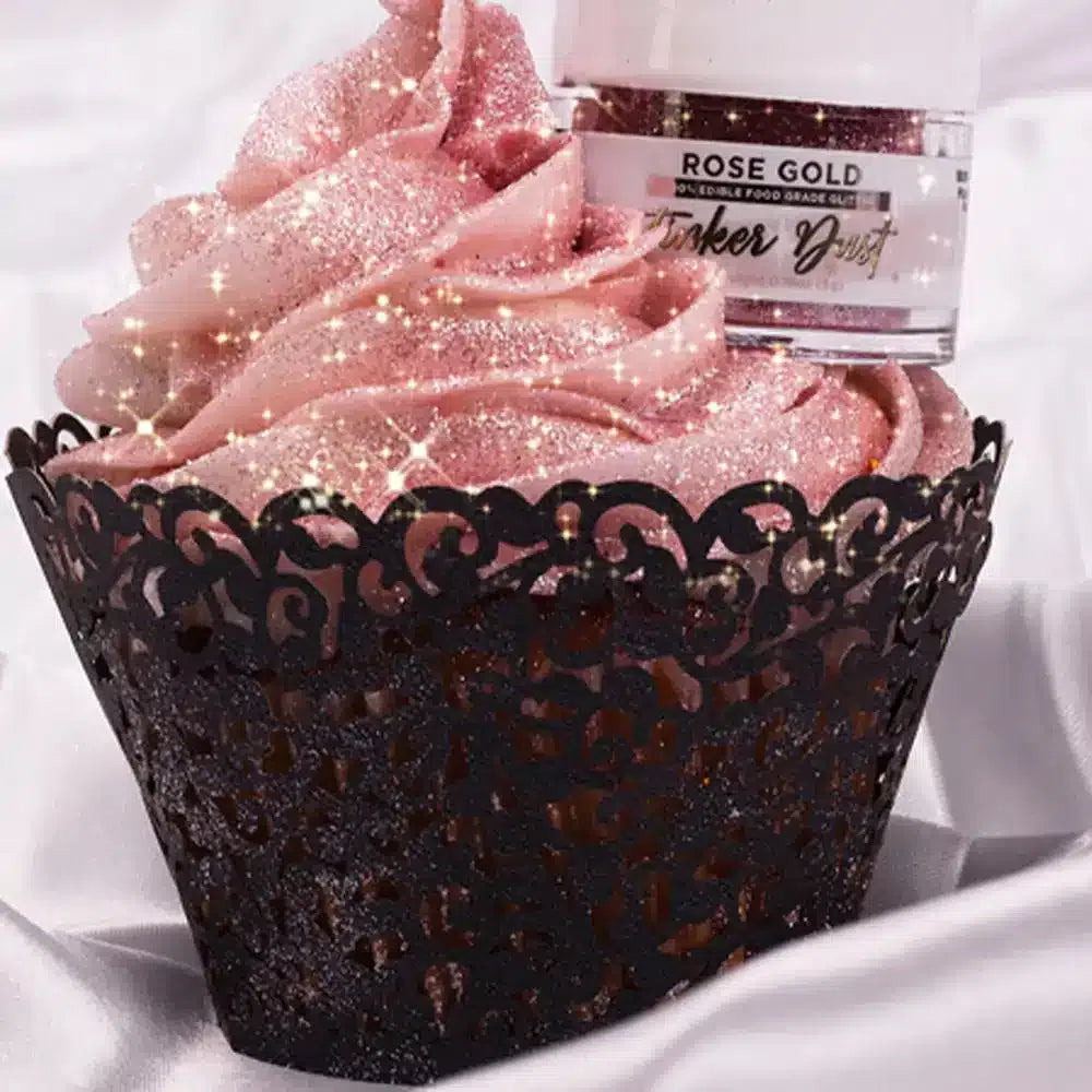 glitter on red cupcake frosting with black lace wrapper