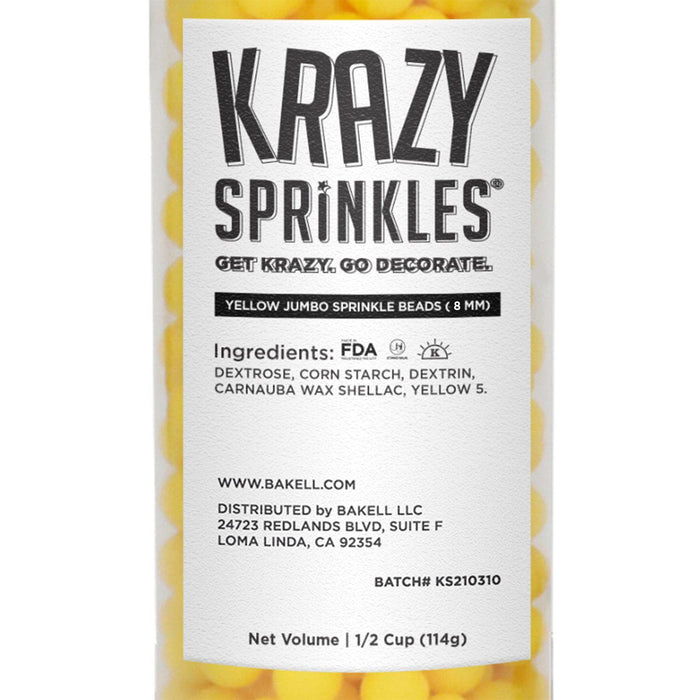 Krazy Sprinkles Yellow Jumbo 8mm Sprinkle Beads in a clear container with label.