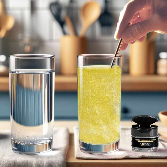 Hand stirring "Color Changing" Yellow Brew Glitter into a clear drink, transforming it into a shimmering yellow.
