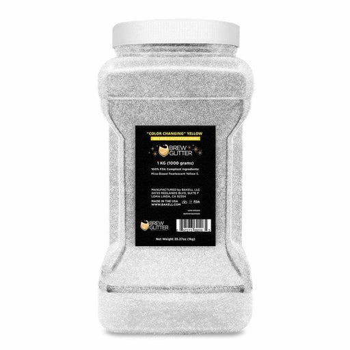 1kg bulk container of white color-changing Brew Glitter, transforming to yellow.