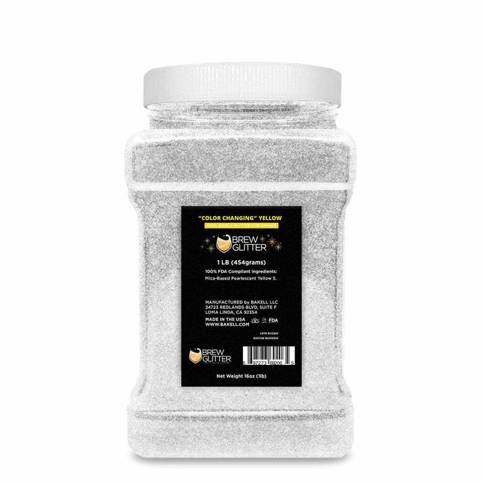 1lb bulk container of white "Color Changing" Yellow Brew Glitter, mica-based pearlescent powder.