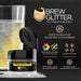 Yellow Color Changing Brew Glitter private label jar next to a drink, with product features.