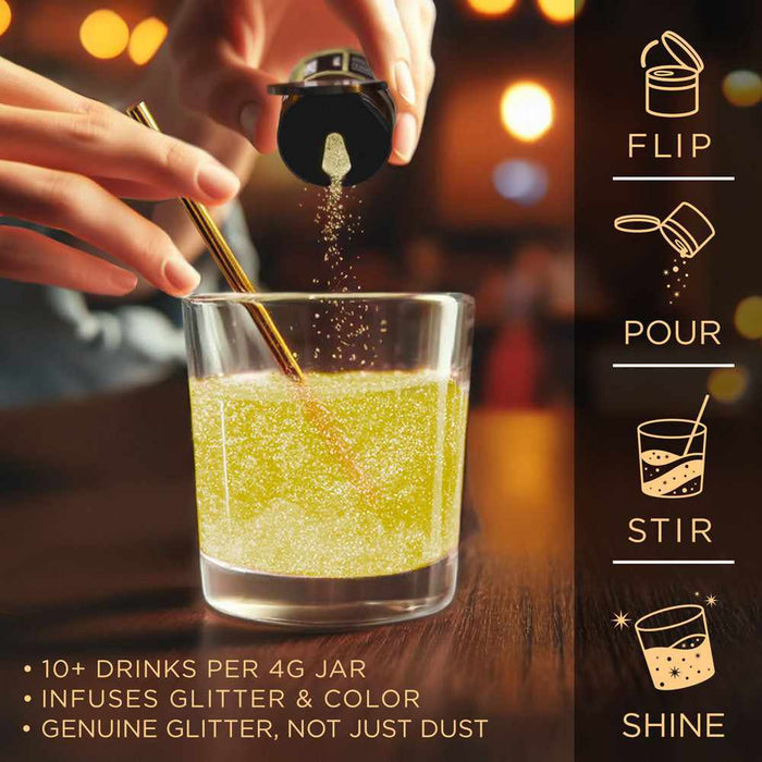 Hand pouring yellow edible Brew Glitter into a glass of drink with a gold straw and instructional icons.
