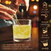 Hand pouring yellow edible Brew Glitter into a glass of drink with a gold straw and instructional icons.