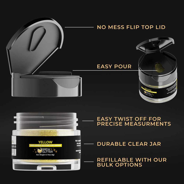 Yellow Brew Glitter in a 4g clear jar with a black flip-top lid and easy-pour design for drinks.