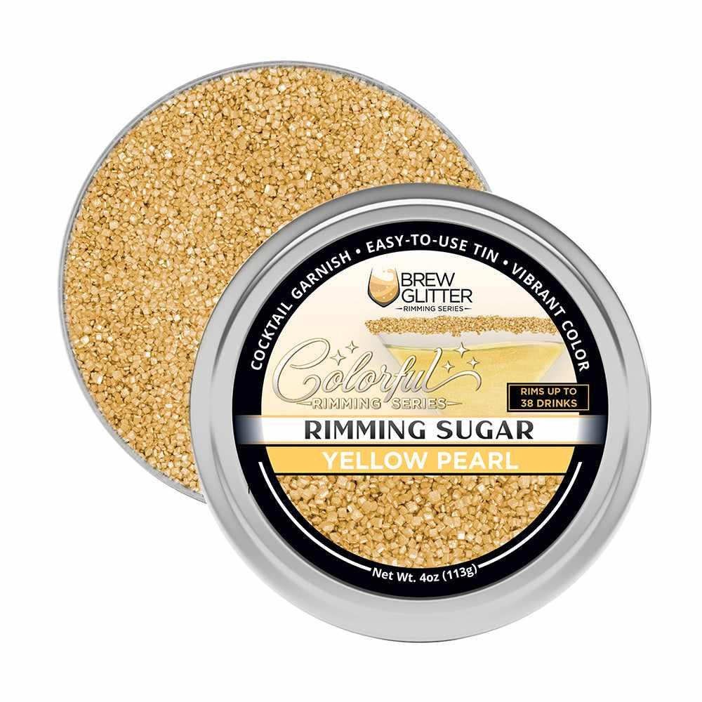 Yellow Pearl cocktail rimming sugar in a 4oz silver tin for garnishing drink glasses with a shimmering gold finish.