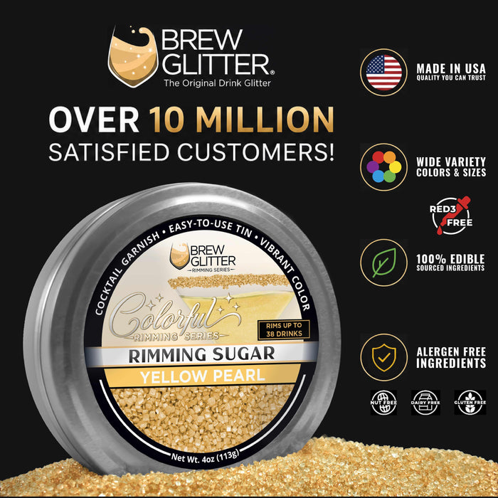 Yellow Pearl cocktail rimming sugar in a 4oz metal tin, featuring sparkling gold sugar crystals for drink garnishing.