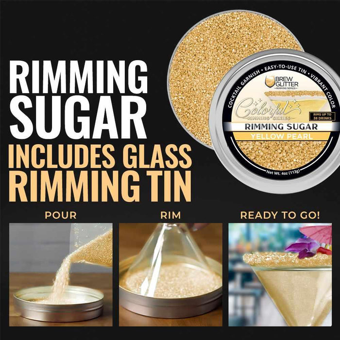 Yellow Pearl cocktail rimming sugar in a 4oz tin with instructional steps for garnishing glass rims.