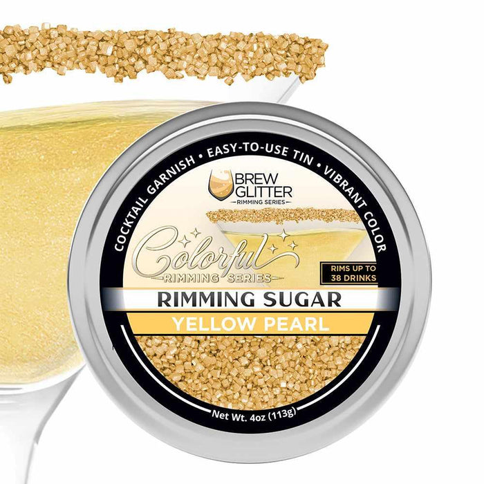 Yellow Pearl cocktail rimming sugar in a 4oz tin with a vibrant, shimmering gold sugar texture for drink garnishing.